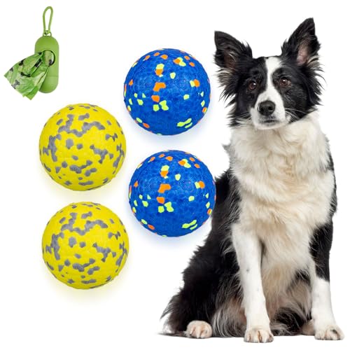 POUPUA Hunde-Tennisbälle für aggressive Kauer, unzerstörbare Hundebälle zum Apportieren, langlebig, federnd, leicht, schwimmendes Spielzeug (2 blau + 2 gelb, groß (7,6 cm Durchmesser) von POUPUA
