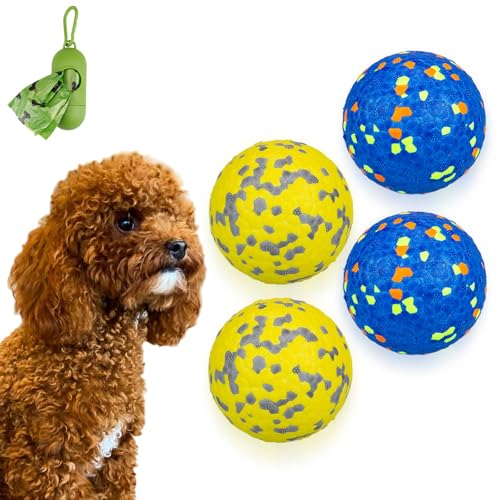 POUPUA Hunde-Tennisbälle für aggressive Kauer, unzerstörbare Hundebälle zum Apportieren, langlebig, federnd, leicht, schwimmendes Spielzeug (2 blau + 2 gelb, klein (6,3 cm Durchmesser) von POUPUA