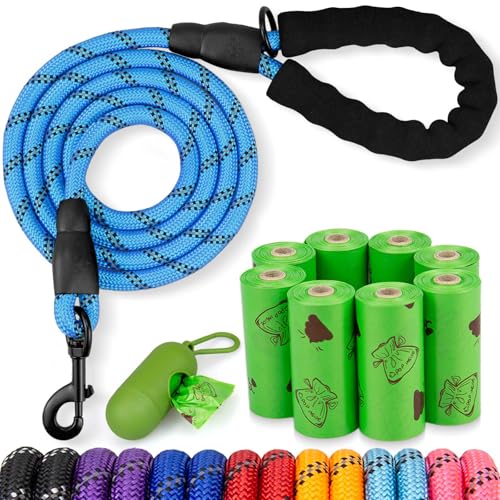 POUPUA Hundeleine aus Seil mit bequemem, gepolstertem Griff, robuste Leine für kleine, mittelgroße und große Hunde mit stark reflektierenden Fäden (blaues Set, 1,27 cm x 1,8 m) von POUPUA