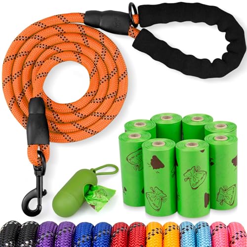 POUPUA Hundeleine aus Seil mit bequemem, gepolstertem Griff, robuste Leine für kleine, mittelgroße und große Hunde mit stark reflektierenden Fäden (orangefarbenes Set, 0,95 cm x 1,8 m) von POUPUA