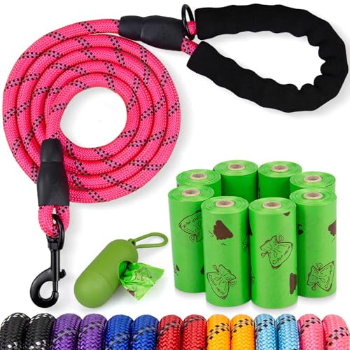 POUPUA Hundeleine aus Seil mit bequemem, gepolstertem Griff, robuste Leine für kleine, mittelgroße und große Hunde mit stark reflektierenden Fäden (pinkes Set, 1,27 cm x 1,8 m) von POUPUA