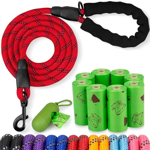 POUPUA Hundeleine aus Seil mit bequemem, gepolstertem Griff, robuste Leine für kleine, mittelgroße und große Hunde mit stark reflektierenden Fäden (rotes Set, 0,95 cm x 1,8 m) von POUPUA