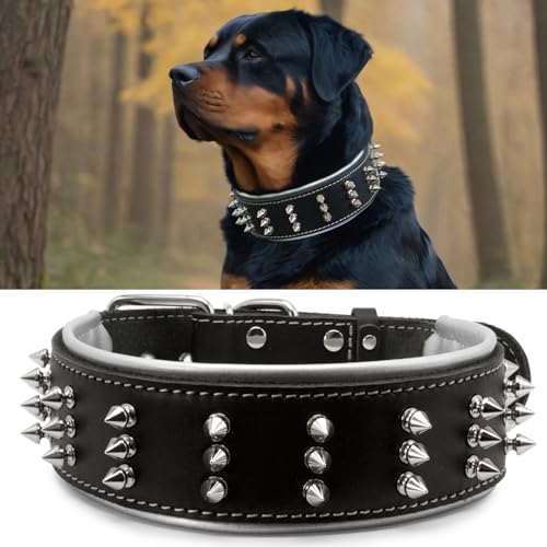 Hundehalsband aus Leder mit Stacheln, handgefertigt, 5,6 cm breit, mutiger Schutz und stilvolles Design, ideal für kraftvolle Rassen, silberner Schatten, 57,4–67,6 cm Hundehalsband aus Leder mit Stacheln, handgefertigt, 5,6 cm breit, mutiger Schutz und stilvolles Design, ideal für kraftvolle Rassen, silberner Schatten, 57,4–67,6 cm von PP COLOR