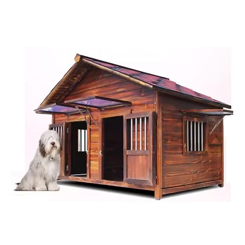 Extra Große Hundehütte Aus Holz, Log Cabin Style Hundehütte Mit Tür Windows, Wetterfeste, Atmungsaktiv Bequem, für Den Innen- Und AußEnbereich Premium Hundehütte(Size:L(208X120X150cm),Color:A) von PPGE HOME