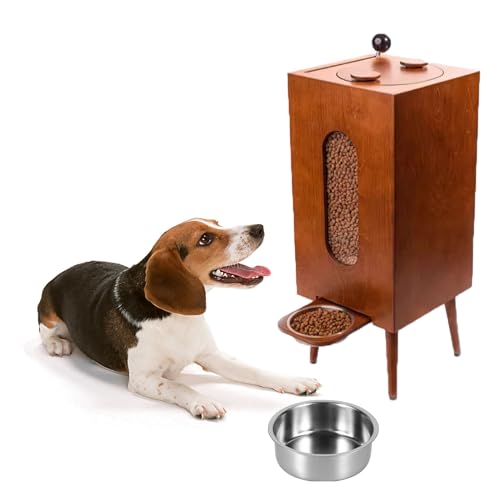 Erhöhter Futterspender aus Holz, kann 10 kg Hundefutter aufbewahren, mit Edelstahlnapf, Haustier-Esstisch, bequeme Futterstation, B-M von PPGE Home