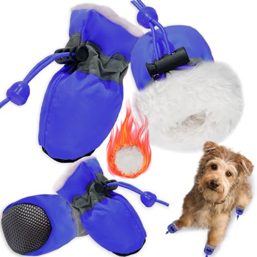 Hundeschuhe Pfotenschutz,4PCS Plüsch Hundestiefel,Hundeschuhe Winter,Hund Schneestiefel,Bequeme Atmungsaktive,Hundeschuhe mit reflektierenden Riemen,für kleine, mittlere,Sport im Freien (Blau 7) von PPGGOPP