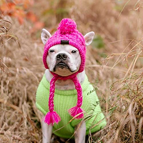 Winter Hund Mütze Strickmütze Flauschige Katzenkappe Warme Haustier Kopfbedeckung mit langem Zopf Welpe Kopf Zubehör (Lila M) von PQIQP