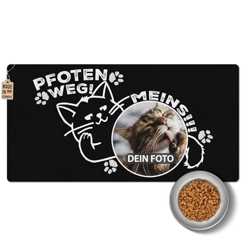 PR Print Royal Napfunterlage mit Foto selbst gestalten - Pfoten Weg, Meins! - Futtermatte für Katzen - Personalisiertes Foto-Geschenk für Katzenbesitzer, Waschbar | 80 x 40 cm, rutschfest von PR Print Royal