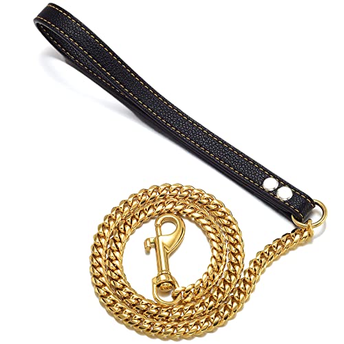 Pradog Goldfarbene Hundeleine, 10 mm, robuste Hundeleine, Ketten mit gepolstertem Ledergriff, für kleine Hunde, Halsbandkette (Gesamtlänge von 1,5 m) von PRADOG