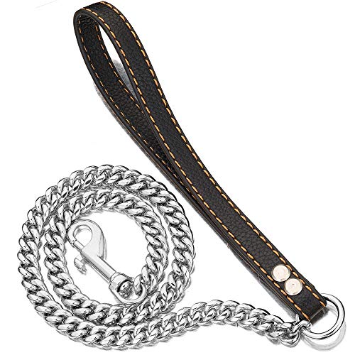 Pradog Hundeleine, Metall, kaufest, 12 mm, strapazierfähig, mit gepolstertem Ledergriff, für große, mittelgroße und kleine Hunde (91 cm, 122 cm oder 152 cm), 3.0 FT (for Larger Dog), Silber von PRADOG