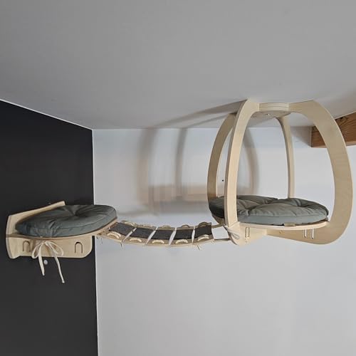 Katzenwandregale mit Brücke, Bett, Wandbett, Filzkratzbaum. Katzenwand- und Deckenmöbel, Katzenhaus. Wählen Sie Sperrholz- und Stofffarben. (BRÜCKE L - 145,5 cm) von PRASKA