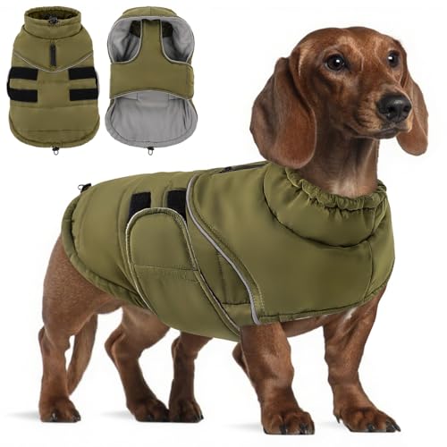 Peferhouse Warmer Wintermantel für Hunde, kaltes Wetter, winddicht, reflektierende Jacke mit Geschirrloch, dicke Hundeweste, Armeegrün, Größe M von PREFERHOUSE