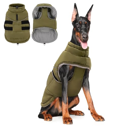 Peferhouse Warmer Wintermantel für große Hunde, kaltes Wetter, winddicht, reflektierende Jacke mit Geschirrloch, dicke Hundeweste, Armeegrün, Größe 3XL von PREFERHOUSE