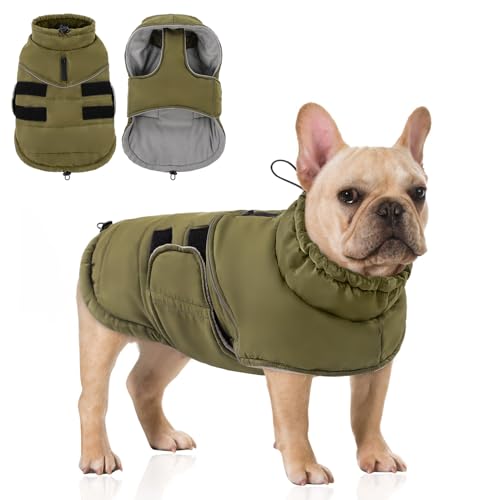 Peferhouse Warmer Wintermantel für große Hunde, kaltes Wetter, winddicht, reflektierende Jacke mit Geschirrloch, dicke Hundeweste, Jacke, Armeegrün, Größe L Peferhouse Warmer Wintermantel für große Hunde, kaltes Wetter, winddicht, reflektierende Jacke mit Geschirrloch, dicke Hundeweste, Jacke, Armeegrün, Größe L von PREFERHOUSE