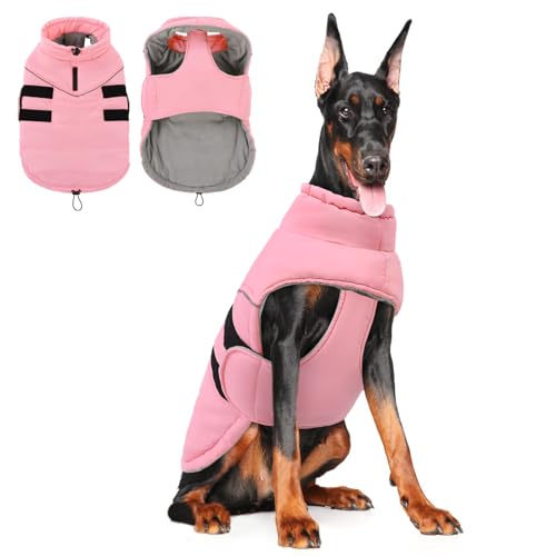 Peferhouse Warmer Wintermantel für große Hunde für weibliche Hunde, kaltes Wetter, winddicht, reflektierende Jacke mit Geschirrloch, dicke Hundeweste, Jacke, Rosa, Größe 4XL Peferhouse Warmer Wintermantel für große Hunde für weibliche Hunde, kaltes Wetter, winddicht, reflektierende Jacke mit Geschirrloch, dicke Hundeweste, Jacke, Rosa, Größe 4XL von PREFERHOUSE