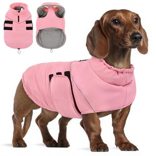 Peferhouse Warmer Wintermantel für mittelgroße Hunde, kaltes Wetter, winddicht, reflektierende Jacke mit Geschirrloch, dicke Hundeweste, Jacke, Rosa, Größe M von PREFERHOUSE