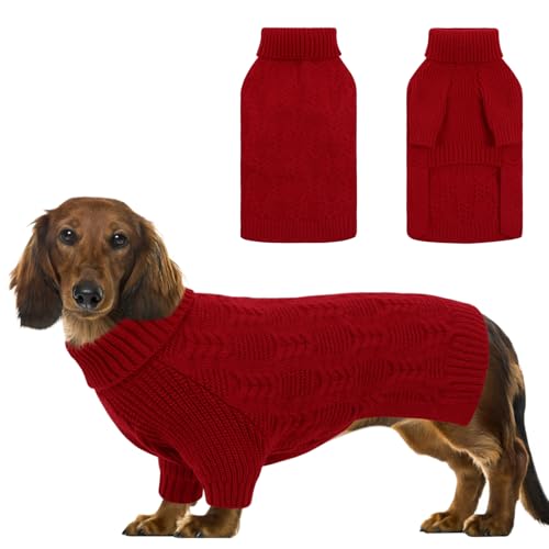 Preferhouse Großer Hundepullover, Rollkragen, langärmelig, gestrickt, für Herbst und Winter, warmer Hundepullover, solider Pullover zum Überziehen für französische Hunde, Rot, Größe L von PREFERHOUSE