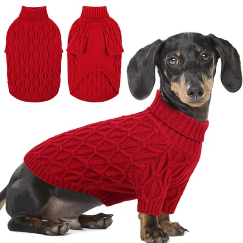 Preferhouse Hundepullover mit Zopfmuster, klassischer Rollkragen, warme und weiche Kleidung für Chihuahua, Bulldogge, Dackel, Mops, Yorkie, Hundeoutfits für kleine Hunde und mittelgroße Hunde, Rot M von PREFERHOUSE