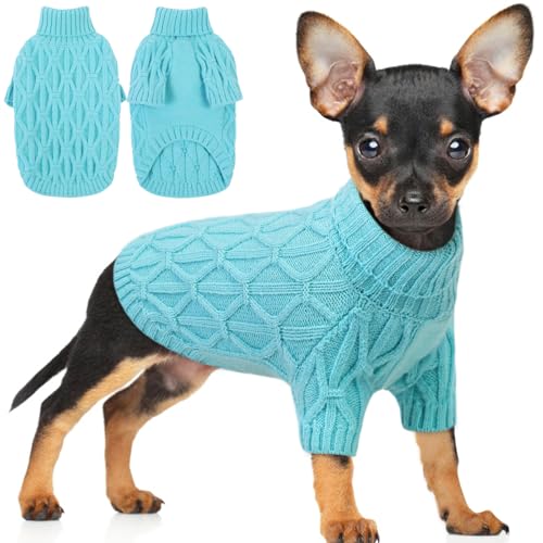 Preferhouse Pullover für kleine Hunde, Thermo-Strickpullover, Winterpullover, Haustierkleidung, Rollkragen, Swaetshirts, Welpen-Outfits, Seeblau, Größe S von PREFERHOUSE