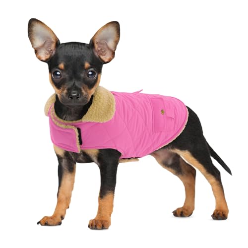 Wintermantel für mittelgroße Hunde, karierte Welpenjacke, Baumwollmantel für kaltes Wetter, winddichte warme Hundekleidung, verdickte Haustier-Outfits für drinnen und draußen, Rosa, Größe M von PREFERHOUSE