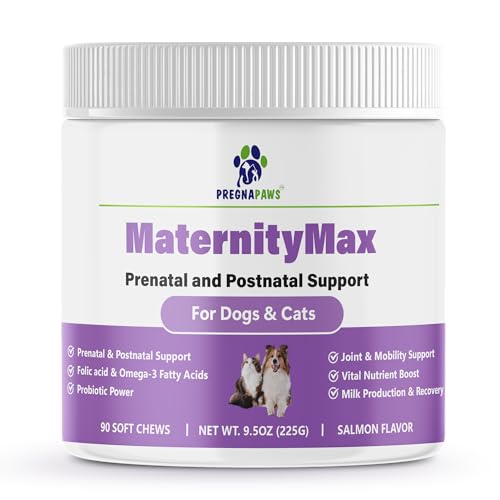 Pränatale Vitamine für Hunde & Katzen – Ergänzung mit Probiotika, Glucosamin, MSM, CoQ10 & Vitaminen – Unterstützt Trächtigkeit, Stillzeit & Erholung – 90 Soft Chews Lachs Pränatale Vitamine für Hunde & Katzen – Ergänzung mit Probiotika, Glucosamin, MSM, CoQ10 & Vitaminen – Unterstützt Trächtigkeit, Stillzeit & Erholung – 90 Soft Chews Lachs von PREGNAPAWS