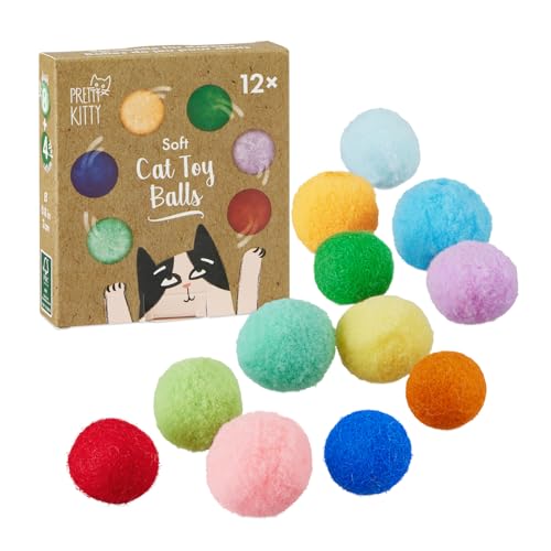 PRETTY KITTY Katzenspielzeug Bälle: 12x Bunte Bälle in Verschiedenen Größen - Selbstbeschäftigung - 8X Plüsch und 4X Filzbälle - Katzen Zubehör von PRETTY KITTY