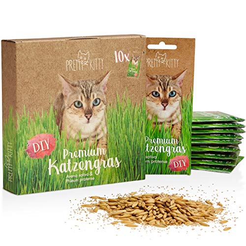 PRETTY KITTY Premium Katzengras Saatmischung: 10 Beutel je 25g Katzengras Samen für 100 Töpfe fertiges Katzengras – Eine grüne Katzen Wiese – Natürliche Katzen Leckerlies – Pflanzen Samen - Grassamen von PRETTY KITTY
