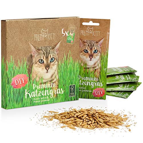 PRETTY KITTY Premium Katzengras Saatmischung: 5 Beutel je 25g Katzengras Samen für 50 Töpfe fertiges Katzengras – Eine grüne Katzen Wiese – Natürliche Katzen Leckerlies – Pflanzen Samen - Grassamen PRETTY KITTY Premium Katzengras Saatmischung: 5 Beutel je 25g Katzengras Samen für 50 Töpfe fertiges Katzengras – Eine grüne Katzen Wiese – Natürliche Katzen Leckerlies – Pflanzen Samen - Grassamen von PRETTY KITTY