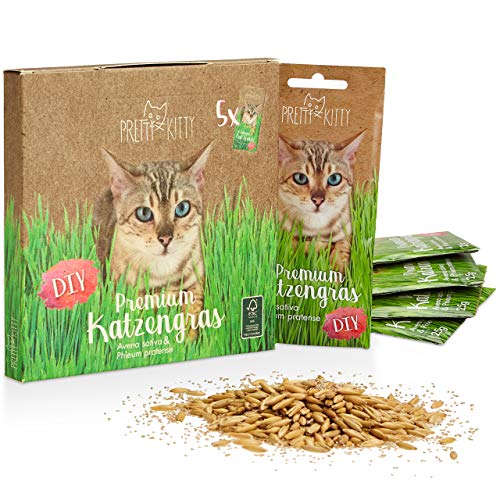 PRETTY KITTY Premium Katzengras Saatmischung: 5 Beutel je 25g Katzengras Samen für 50 Töpfe fertiges Katzengras – Eine grüne Katzen Wiese – Natürliche Katzen Leckerlies – Pflanzen Samen - Grassamen von PRETTY KITTY