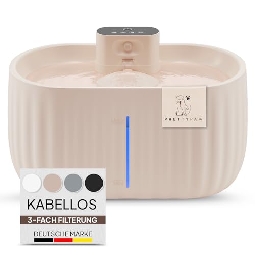 Pretty Paw© Katzenbrunnen mit Bewegungsmelder I Trinkbrunnen für Katze [KABELLOS] mit 45 Tagen Akku I Wasserbrunnen für Katzen mit Filter & 3 Liter Wassertank I Katzen Trinkbrunnen Aqua Sense (Beige) von PRETTYPAW