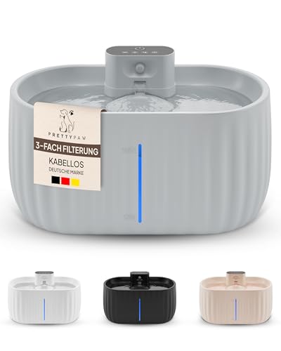 Pretty Paw© Katzenbrunnen mit Bewegungsmelder I Trinkbrunnen für Katze [KABELLOS] mit 45 Tagen Akku I Wasserbrunnen für Katzen mit Filter & 3 Liter Wassertank I Katzen Trinkbrunnen Aqua Sense (Grau) von PRETTYPAW