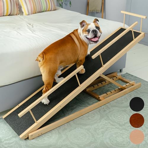 Hunderampe Bett PRIORPET aus Birkenholz mit Sicherheitsgeländer - Höhenverstellbare hundetreppe für Betten bis zu 94.5cm - Klappbar - Anti-Rutsch-Griff - Für kleine Hunde bis zu 23kg - Naturel von PRIORPET