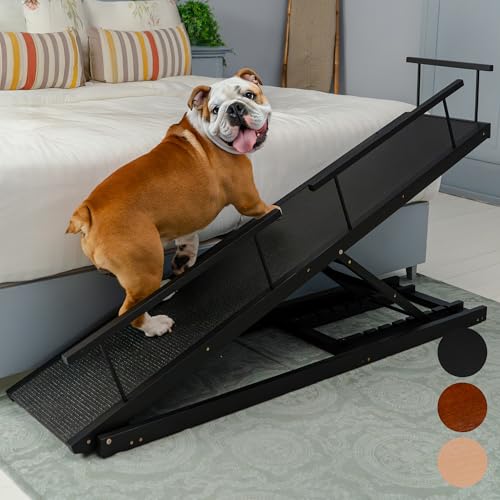 Hunderampe Bett PRIORPET aus Birkenholz mit Sicherheitsgeländer - Höhenverstellbare hundetreppe für Betten bis zu 94.5cm - Klappbar - Anti-Rutsch-Griff - Für kleine Hunde bis zu 23kg - Schwarz von PRIORPET