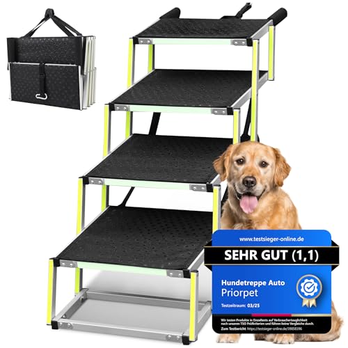 Hundetreppe Auto Klappbar - Hundetreppe Große Hunde - Leuchtende Leitmarkierung - Gelenkschonende Einstiegshilfe Auto Hund - Hundeleiter Faltbar mit Anti-rutsch Einsatz - 77kg Tragkraft - 4 Stufen von PRIORPET
