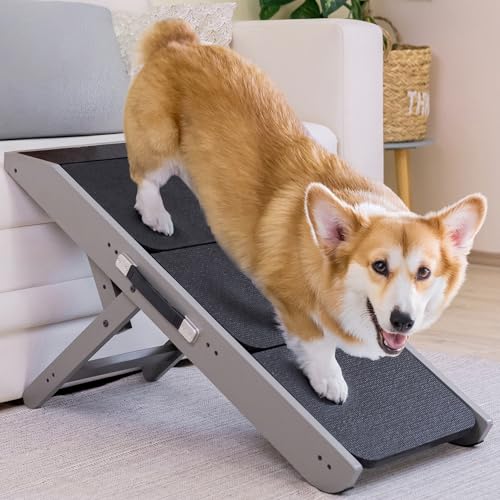 Hundetreppe für Bett & Sofa 2-in-1 Hundetreppe/Rampe - höhenverstellbare Hunderampe für Couch 18-50 cm - Hundetreppe für kleine Hunde - leicht zu bewegen Haustiertreppe mit Absatzplattform, Grau von PRIORPET