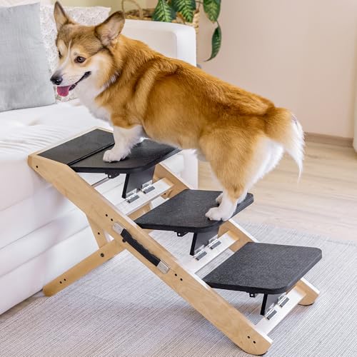 Hundetreppe für Bett & Sofa 2-in-1 Hundetreppe/Rampe - höhenverstellbare Hunderampe für Couch 18-50 cm - Hundetreppe für kleine Hunde - leicht zu bewegen Haustiertreppe mit Absatzplattform, Natur von PRIORPET