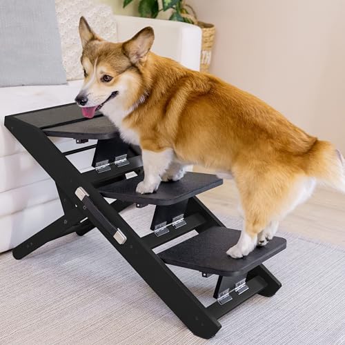 Hundetreppe für Bett & Sofa 2-in-1 Hundetreppe / Rampe - höhenverstellbare Hunderampe für Couch 18 - 50 cm - Hundetreppe für kleine Hunde - leicht zu bewegen Haustiertreppe mit Absatzplattform Schwarz von PRIORPET