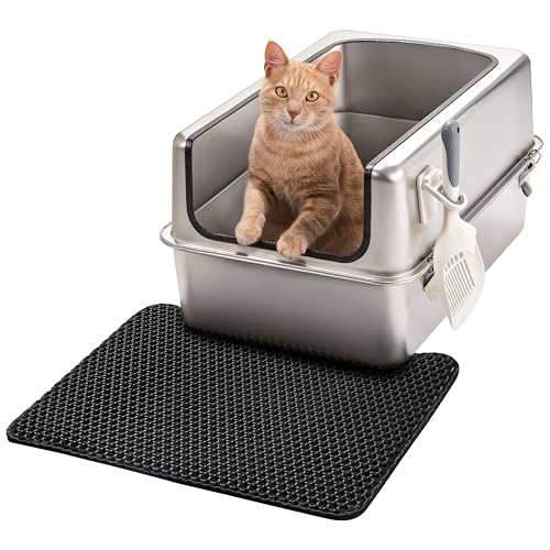 Katzenklo Edelstahl XXL – Leicht zu Reinigen, Geruchsresistent – Katzentoilette Edelstahl mit hohem Rand – 38L Fassungsvermögen – Auslaufsicher und Antihaftbeschichtet – Mit Schaufel & Matte von PRIORPET