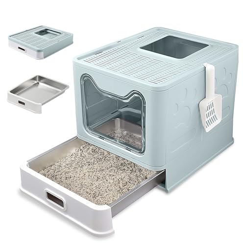 Katzenklo Edelstahl mit Deckel – Faltbare Geschlossene Katzentoilette mit Schublade – Geruchsfrei, Auslaufsicher & Leicht zu Reinigen – Doppelter Eingang/Ausgang – Mit Schaufel (38,3×51×41 cm) – Blau von PRIORPET