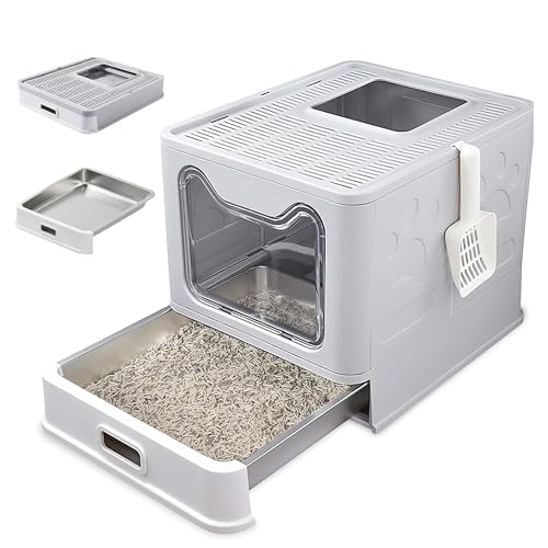 Katzenklo Edelstahl mit Deckel – Faltbare Geschlossene Katzentoilette mit Schublade – Geruchsfrei, Auslaufsicher & Leicht zu Reinigen – Doppelter Eingang/Ausgang – Mit Schaufel (38,3×51×41 cm) – Grau von PRIORPET