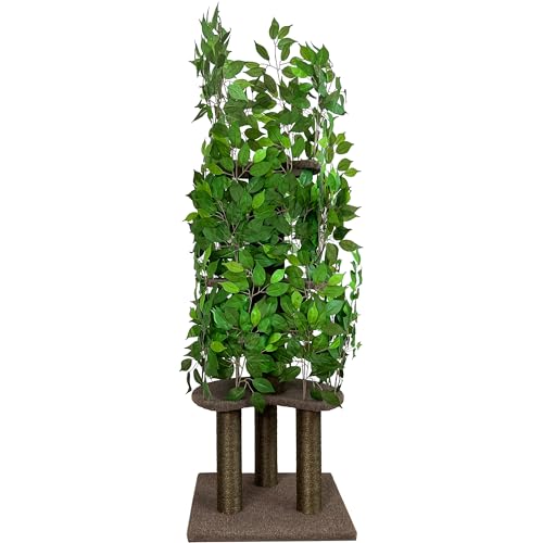 Kratzbaum mit Blättern – Stabiler & Platzsparender Katzenbaum – 4 kratzbare Ebenen & 3 Kratzsäulen – Klettern, Verstecken, Schlafen – Einfache Montage – Haustiersicherer & Langlebiger Cat Tree Natur von PRIORPET