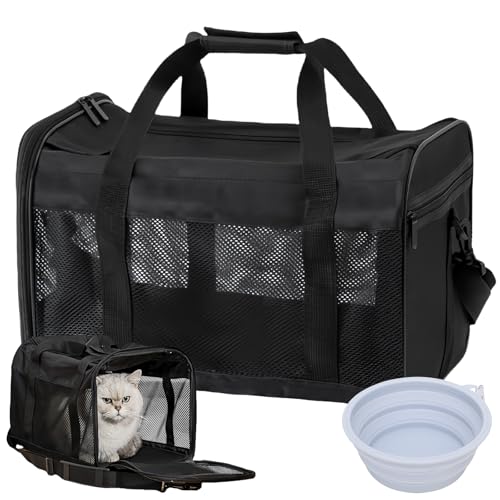 PRITOK Transportbox Katze Hund Katzentransportbox: 42 x 27 x 28 cm Katzen Transportboxen Faltbar mit Hundenapf, Tragbar Hundetransportbox, Transportbox für Haustiere (Schwarz) von PRITOK