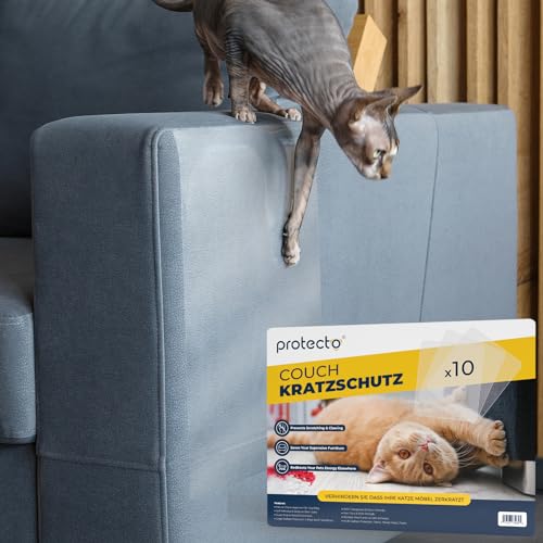 PROTECTO Anti Kratz Folie für Katzen Selbstklebender Katzen Kratzschutz - Transparentes Klebeband für Sofabeine und Ecken - Kratzfester Sofa Katzenschutz (Farblos, 10 Stück) von PROTECTO
