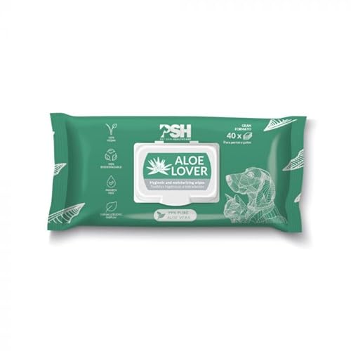 PSH Aloe Vera Hygienetücher - Reinigung und Erfrischung für Hunde und Katzen - 99 % reine Aloe - hypoallergen und biologisch abbaubar - ohne Parabene - Packung mit 40 Stück von PSH