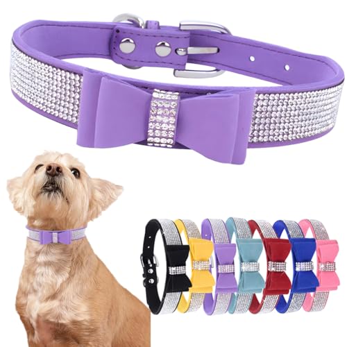 Hundehalsband mit Strasssteinen für kleine Hunde mit Fliege, niedliches Kristall-Diamant-Halsband mit Fliege, funkelndes Glitzer, Katzenhalsband für Kätzchen, XXS, XS, kleine, mittelgroße Rassen, Lila von PSPORT