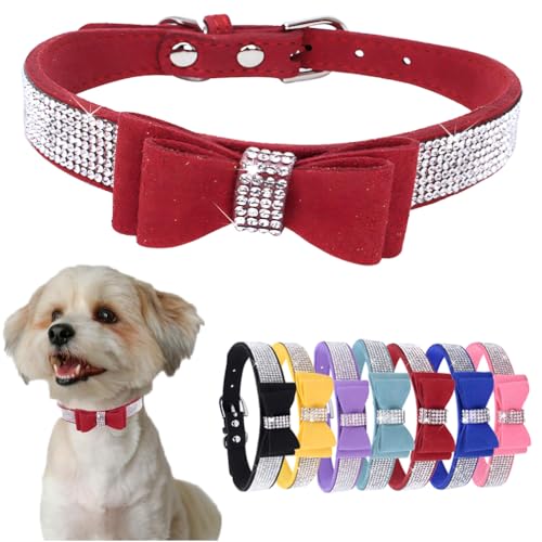 Hundehalsband mit Strasssteinen für kleine Hunde mit Fliege, niedliches Kristall-Diamant-Halsband mit Fliege, funkelndes Glitzer, Katzenhalsband für Kätzchen, XXS, XS, kleine, mittelgroße Rassen, Rot von PSPORT