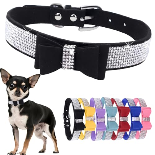 Hundehalsband mit Strasssteinen für kleine Hunde mit Fliege, niedliches Kristall-Diamant-Halsband mit Fliege, funkelndes Glitzer, Katzenhalsband für Kätzchen, XXS, XS, kleine, mittelgroße Rassen von PSPORT