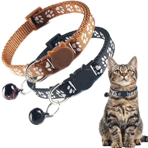 Katzenglocken-Halsband, schwarz, mit Glöckchen, niedlicher Katzenkrallen-Druck, Nylon, sicher, verstellbar, für XXS, XS, kleine Jungen und Mädchen, Katzen, 2 Stück Katzenglocken-Halsband, schwarz, mit Glöckchen, niedlicher Katzenkrallen-Druck, Nylon, sicher, verstellbar, für XXS, XS, kleine Jungen und Mädchen, Katzen, 2 Stück von PSPORT