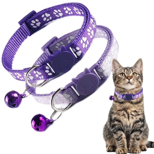 Katzenhalsband mit Glöckchen, lila, mit Glöckchen, niedlicher Katzenkrallen-Druck, Nylon, sicher, verstellbar, für XXS, XS, kleine Katzen, 2 Stück von PSPORT
