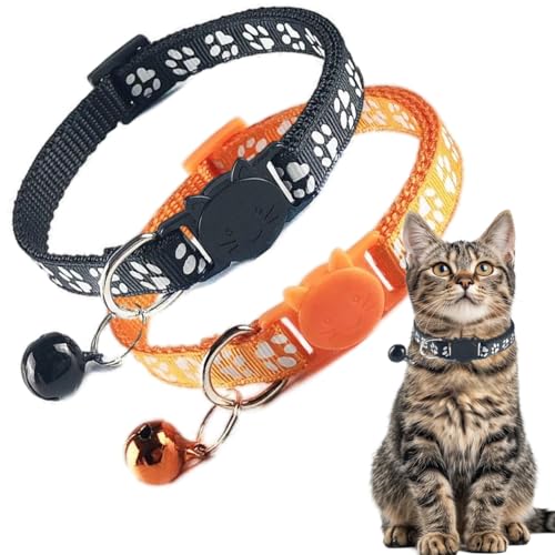 Katzenhalsband mit Glöckchen, orangefarbenes Katzenhalsband mit Glöckchen, niedlicher Katzenkrallen-Druck, Nylon, sicher, verstellbar, für XXS, XS, kleine Jungen und Mädchen, Katzen, 2 Stück Katzenhalsband mit Glöckchen, orangefarbenes Katzenhalsband mit Glöckchen, niedlicher Katzenkrallen-Druck, Nylon, sicher, verstellbar, für XXS, XS, kleine Jungen und Mädchen, Katzen, 2 Stück von PSPORT